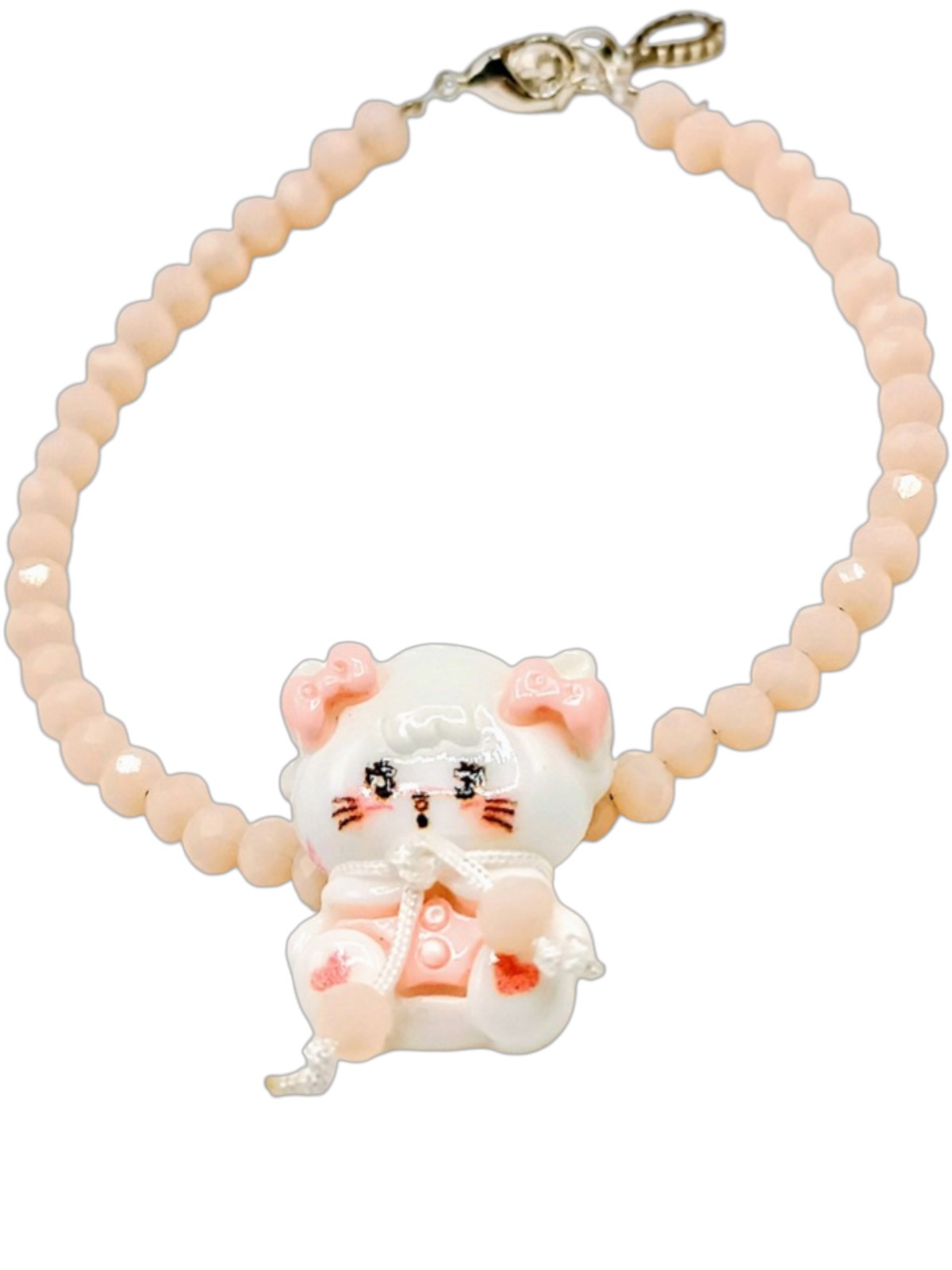 Kawaii Pink Beaded Bracelet with Cute Cat Acrylic Charm – Adorable Jewelry for Teen Girls 12+