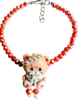 Kawaii Peach Beaded Bracelet with Glass Beads & Acrylic Teddy Bear Charm – Cute Jewelry for Teen Girls 12+