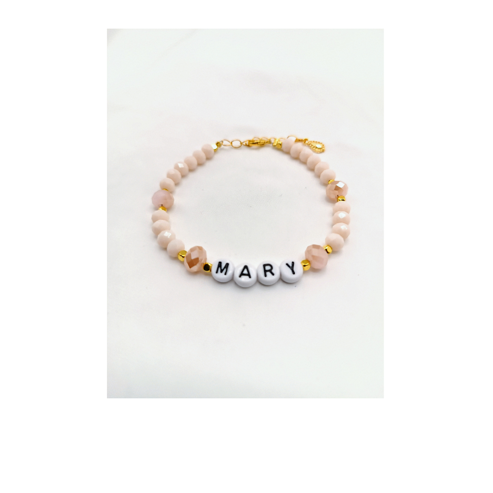 Tender Letters: MARY on Faceted Rose Beads and Golden Spacers