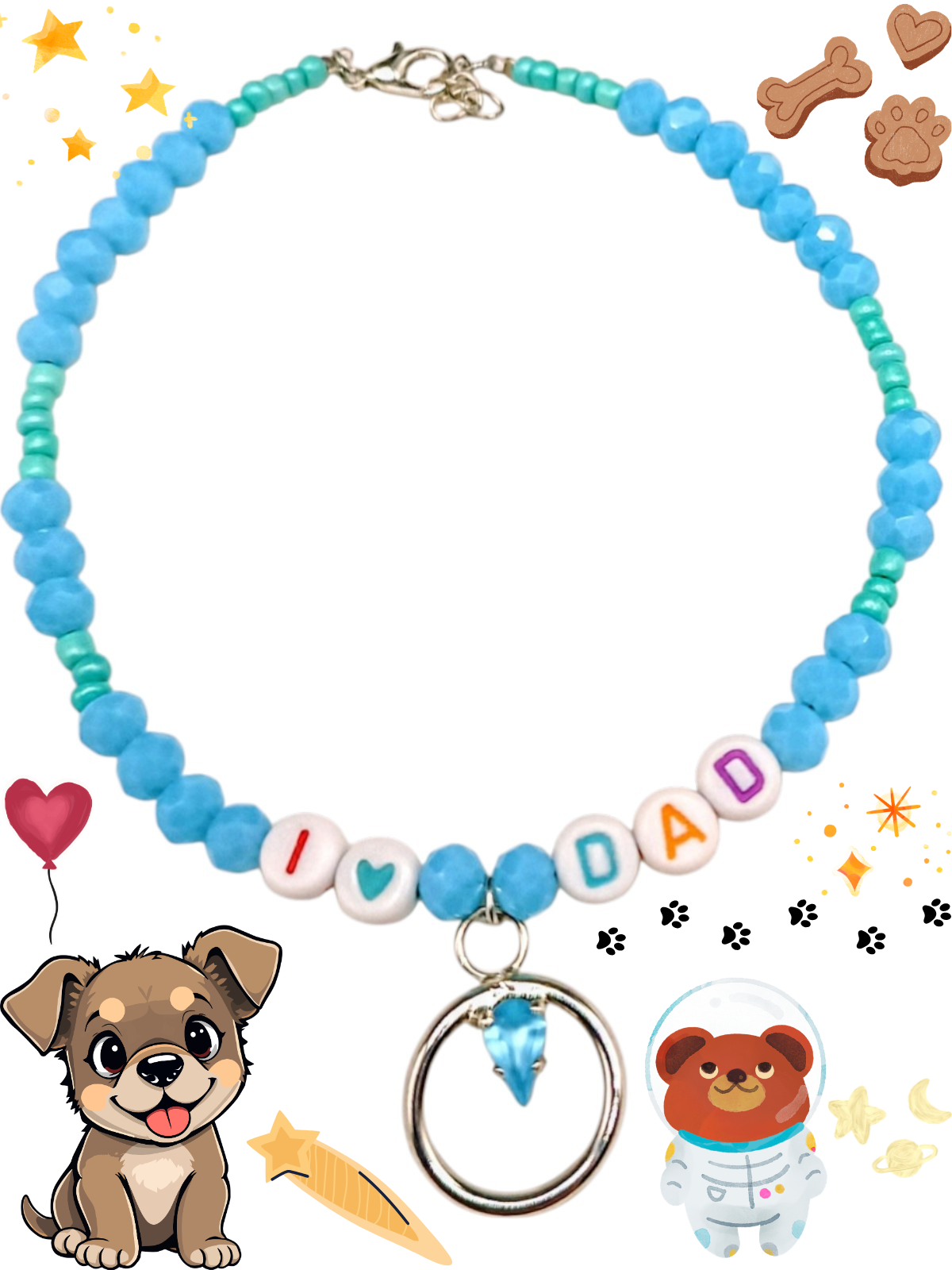 Personalized "I Love Dad" Dog & Cat Necklace - Blue Glass Beaded Pet Jewelry - Colorful Letter Beads with Heart Charm - Crystal Inset Metal Ring Pendant - Adjustable 25cm Custom Length - Image 3