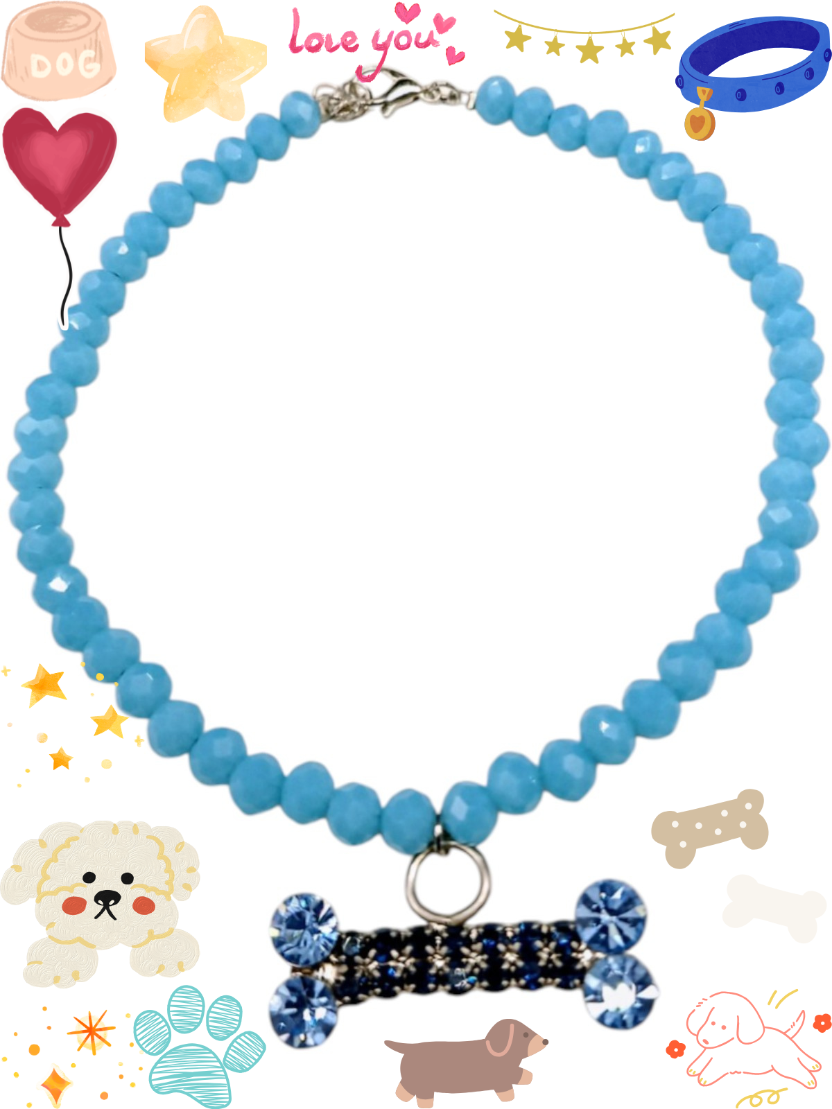 Luxury Bling Dog Necklace for Small & Medium Pets - Blue Faceted Glass Beads - Sparkling Rhinestone Bone Charm Pendant - Handmade Fancy Pet Jewelry - Adjustable Wedding & Birthday Dog Collar Accessory - Image 2