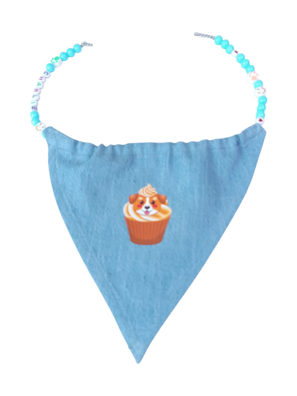 Personalized Large Dog Bandana Necklace - Custom Name Letter Beads - Denim Style with Cupcake Stamp - Blue Acrylic Beads, Smile, Heart & Paw Charms - Adjustable 42cm Length for Large Breeds - Image 3