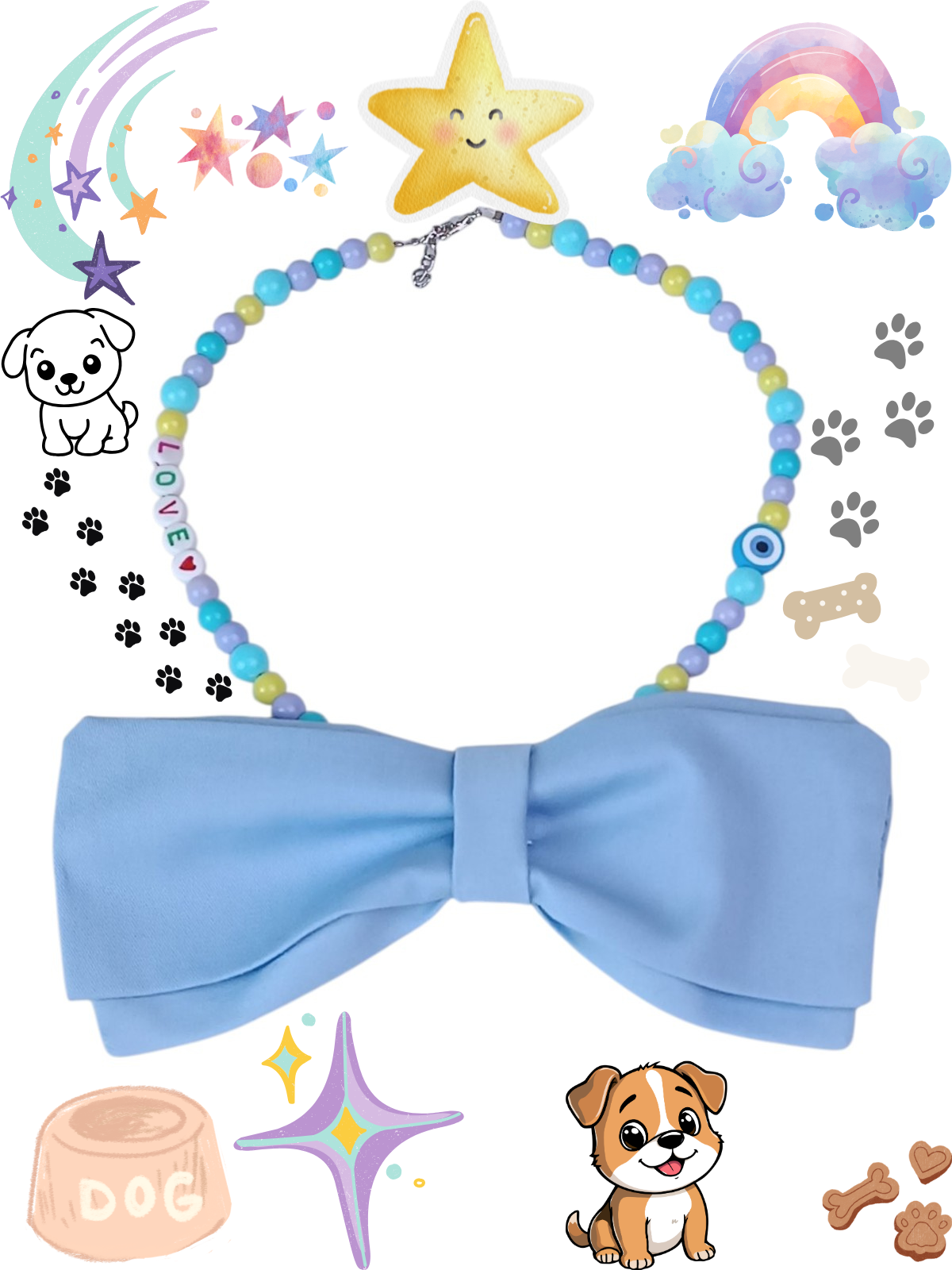 Large Handmade Colorful "LOVE" Dog Necklace - Detachable 15cm Blue Fabric Bowtie - Purple, Blue & Yellow Beaded Jewelry - Good Luck Evil Eye & Heart Charms - Adjustable 40cm Custom Length - Image 4