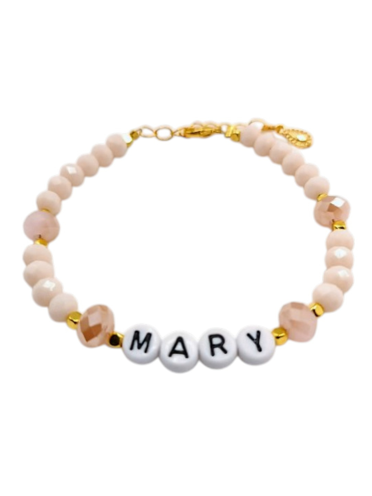 Tender Letters: MARY on Faceted Rose Beads and Golden Spacers